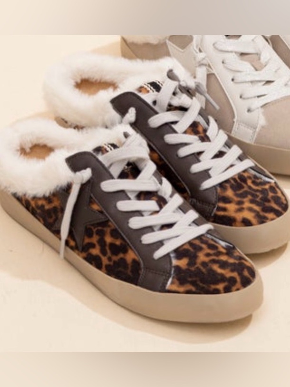 ShuShop Pinah Leopard Print Suede-Fur Trim Sneakers (Retails $108)